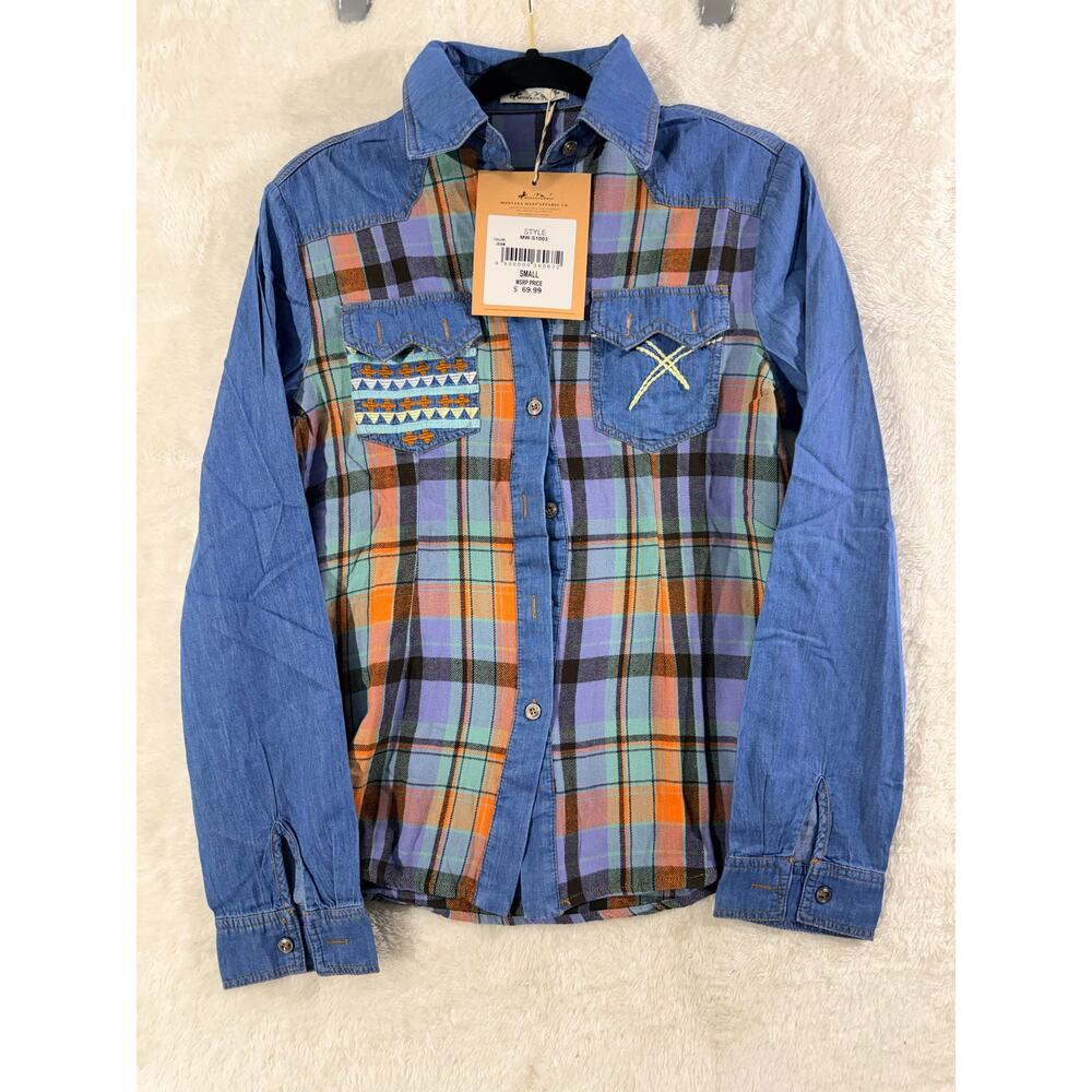Montana West Plaid Jean Patchwork Western Shirt Size Sm Womens Button Front NWT